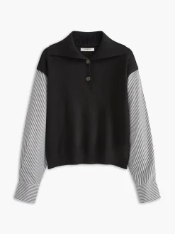 COMMENSE Sweater Tops|Sweaters & Cardigans^Color Block Panel Lapel Sweater Black