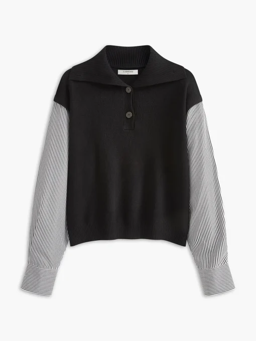 COMMENSE Sweater Tops|Sweaters & Cardigans^Color Block Panel Lapel Sweater Black