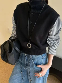 COMMENSE Sweater Tops|Sweaters & Cardigans^Color Block Panel Lapel Sweater Black