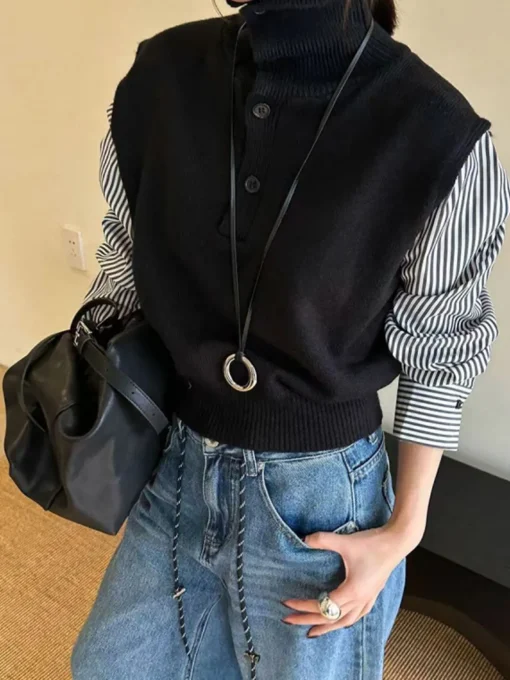 COMMENSE Sweater Tops|Sweaters & Cardigans^Color Block Panel Lapel Sweater Black