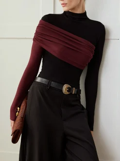 COMMENSE T-shirts|Tops^Color Block Pleated Jersey Slim Top Black