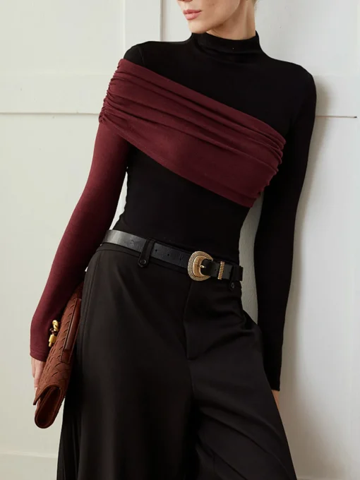 COMMENSE T-shirts|Tops^Color Block Pleated Jersey Slim Top Black
