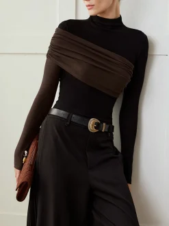 COMMENSE T-shirts|Tops^Color Block Pleated Jersey Slim Top Black