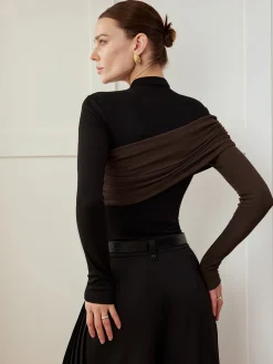 COMMENSE T-shirts|Tops^Color Block Pleated Jersey Slim Top Black