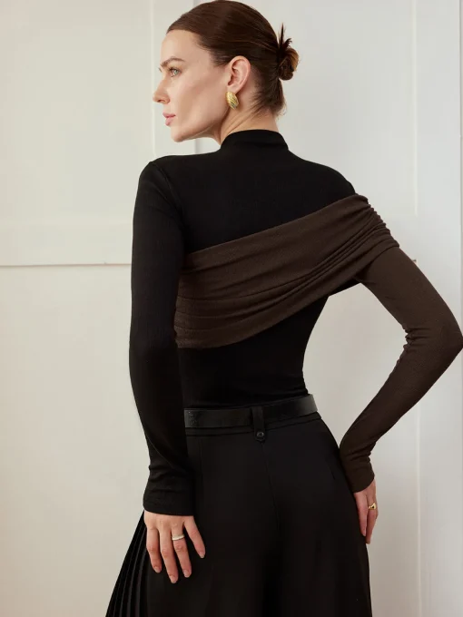 COMMENSE T-shirts|Tops^Color Block Pleated Jersey Slim Top Black