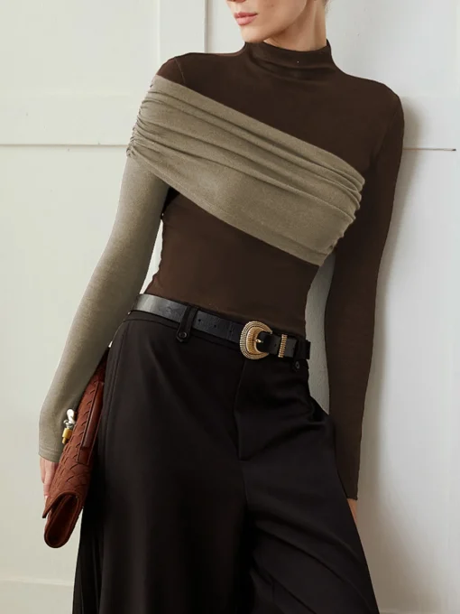 COMMENSE T-shirts|Tops^Color Block Pleated Jersey Slim Top Black