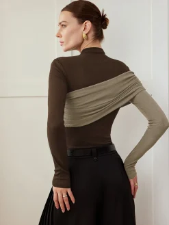 COMMENSE T-shirts|Tops^Color Block Pleated Jersey Slim Top Black