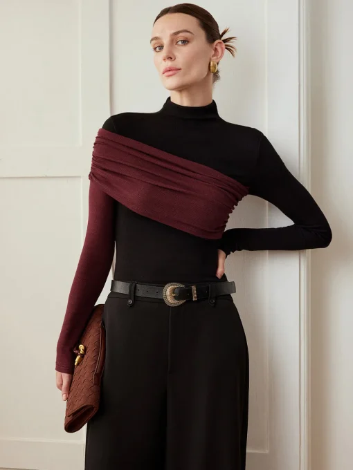 COMMENSE T-shirts|Tops^Color Block Pleated Jersey Slim Top Black