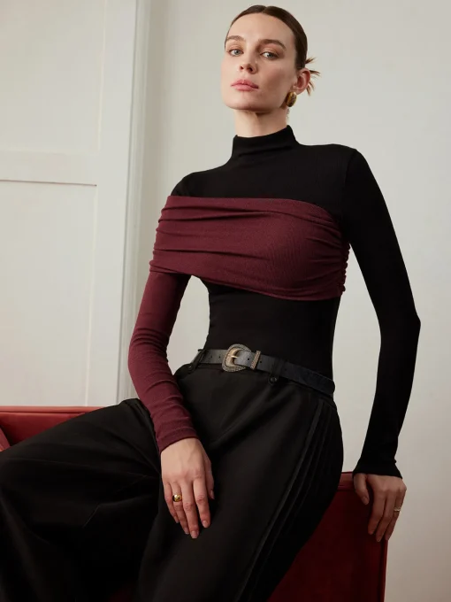 COMMENSE T-shirts|Tops^Color Block Pleated Jersey Slim Top Black