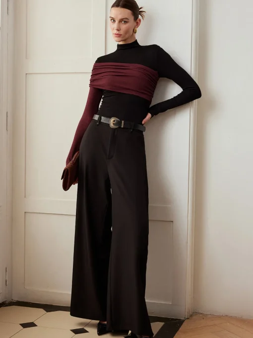 COMMENSE T-shirts|Tops^Color Block Pleated Jersey Slim Top Black