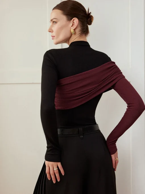 COMMENSE T-shirts|Tops^Color Block Pleated Jersey Slim Top Black