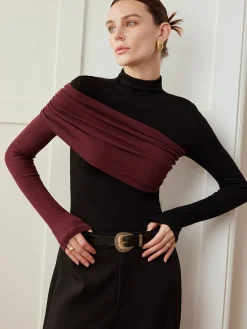 COMMENSE T-shirts|Tops^Color Block Pleated Jersey Slim Top Black