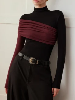 COMMENSE T-shirts|Tops^Color Block Pleated Jersey Slim Top Black