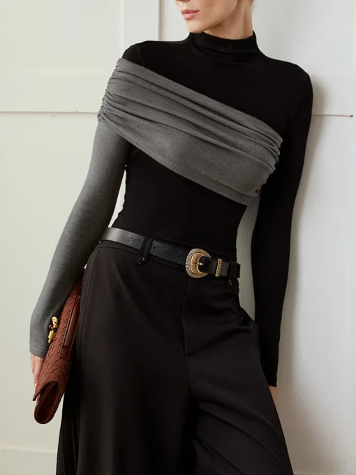COMMENSE T-shirts|Tops^Color Block Pleated Jersey Slim Top Black