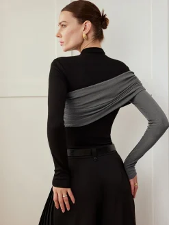 COMMENSE T-shirts|Tops^Color Block Pleated Jersey Slim Top Black