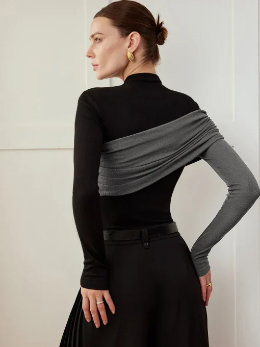 COMMENSE T-shirts|Tops^Color Block Pleated Jersey Slim Top Black