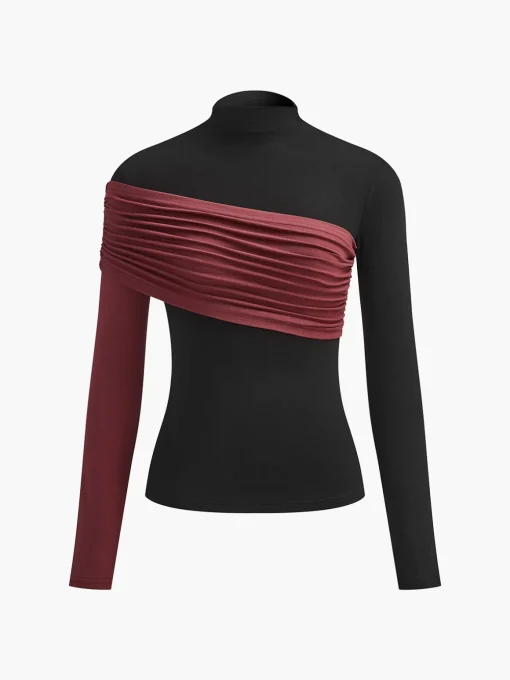 COMMENSE T-shirts|Tops^Color Block Pleated Jersey Slim Top Black