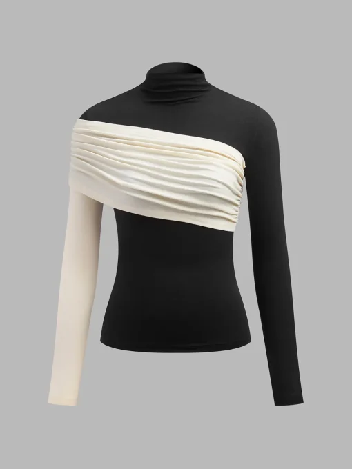 COMMENSE T-shirts|Tops^Color Block Pleated Jersey Slim Top Black