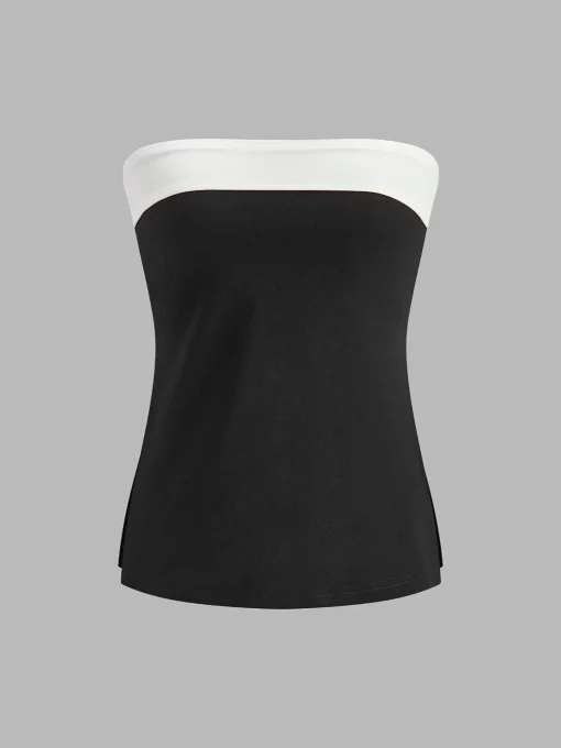 COMMENSE Tops^Color Block Split Strapless Corset BlackandWhite
