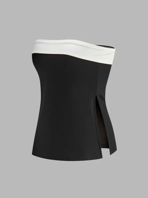 COMMENSE Tops^Color Block Split Strapless Corset BlackandWhite