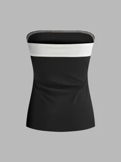 COMMENSE Tops^Color Block Split Strapless Corset BlackandWhite