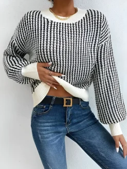 COMMENSE Sweater Tops|Sweaters & Cardigans^Color Block Striped Knit Top Black