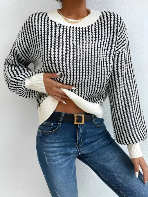 COMMENSE Sweater Tops|Sweaters & Cardigans^Color Block Striped Knit Top Black