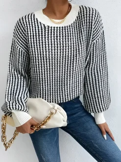 COMMENSE Sweater Tops|Sweaters & Cardigans^Color Block Striped Knit Top Black