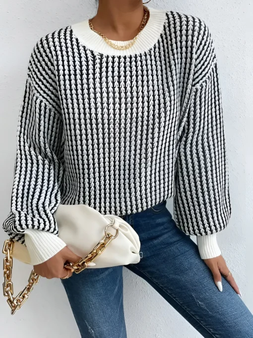 COMMENSE Sweater Tops|Sweaters & Cardigans^Color Block Striped Knit Top Black