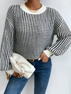 COMMENSE Sweater Tops|Sweaters & Cardigans^Color Block Striped Knit Top Black