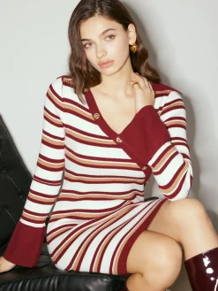 COMMENSE Sweater Dresses|Sweater Dresses^Color Block Striped Sweater Dress Burgundy