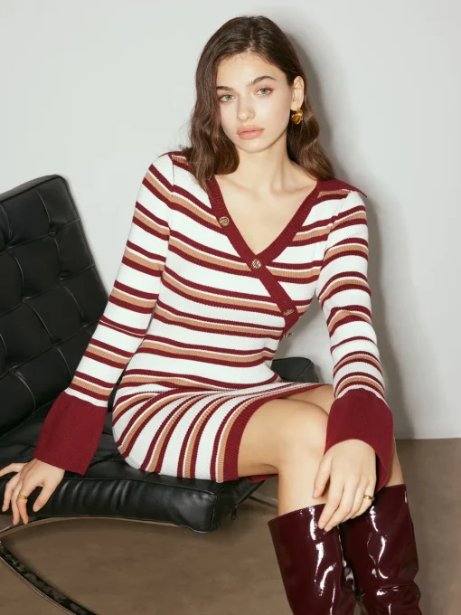 COMMENSE Sweater Dresses|Sweater Dresses^Color Block Striped Sweater Dress Burgundy
