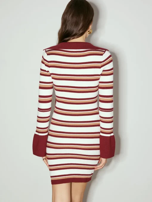 COMMENSE Sweater Dresses|Sweater Dresses^Color Block Striped Sweater Dress Burgundy