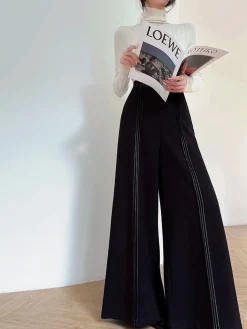 COMMENSE Pants|Bottoms^Contrast Bars Wide-Leg Flare Pants Black
