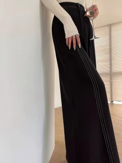 COMMENSE Pants|Bottoms^Contrast Bars Wide-Leg Flare Pants Black