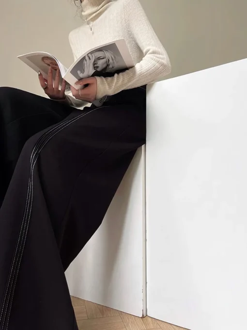 COMMENSE Pants|Bottoms^Contrast Bars Wide-Leg Flare Pants Black