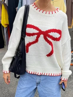 COMMENSE Sweater Tops|Sweaters & Cardigans^Contrast Binding Bow Sweater White