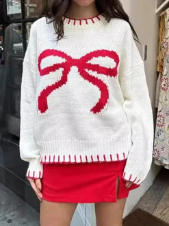 COMMENSE Sweater Tops|Sweaters & Cardigans^Contrast Binding Bow Sweater White