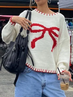 COMMENSE Sweater Tops|Sweaters & Cardigans^Contrast Binding Bow Sweater White