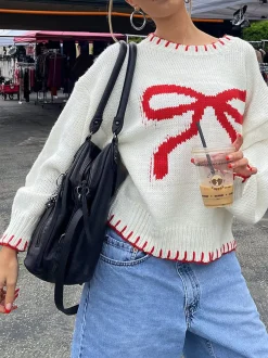 COMMENSE Sweater Tops|Sweaters & Cardigans^Contrast Binding Bow Sweater White