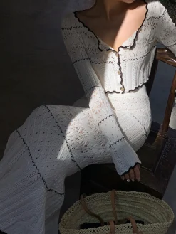 COMMENSE Skirts|Knitwear^Contrast Binding Knit Maxi Skirt White