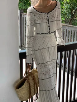 COMMENSE Skirts|Knitwear^Contrast Binding Knit Maxi Skirt White