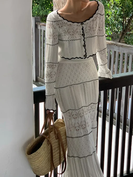 COMMENSE Skirts|Knitwear^Contrast Binding Knit Maxi Skirt White