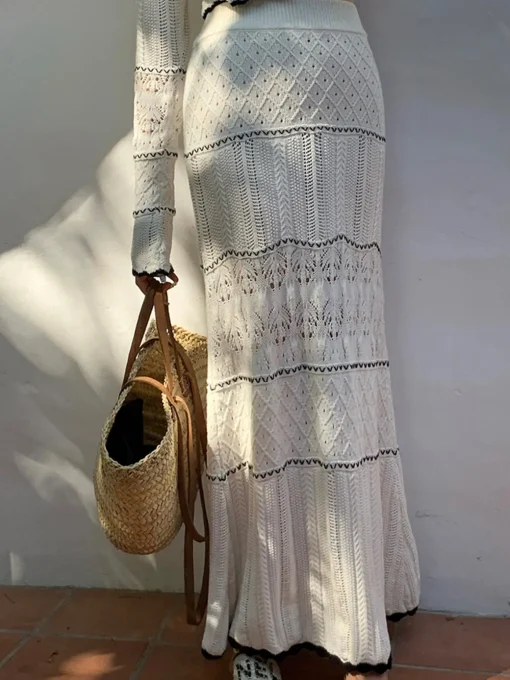 COMMENSE Skirts|Knitwear^Contrast Binding Knit Maxi Skirt White