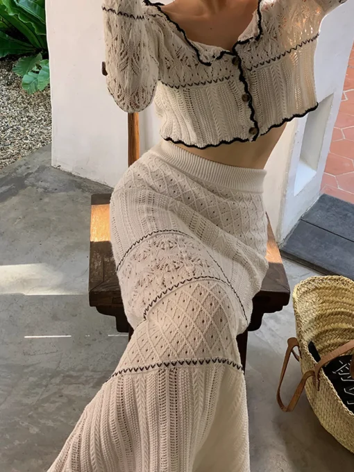 COMMENSE Skirts|Knitwear^Contrast Binding Knit Maxi Skirt White