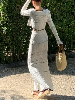 COMMENSE Skirts|Knitwear^Contrast Binding Knit Maxi Skirt White