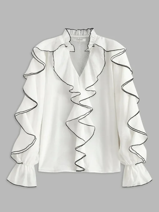 COMMENSE Tops^Contrast Binding Ruffle Thin Blouse White