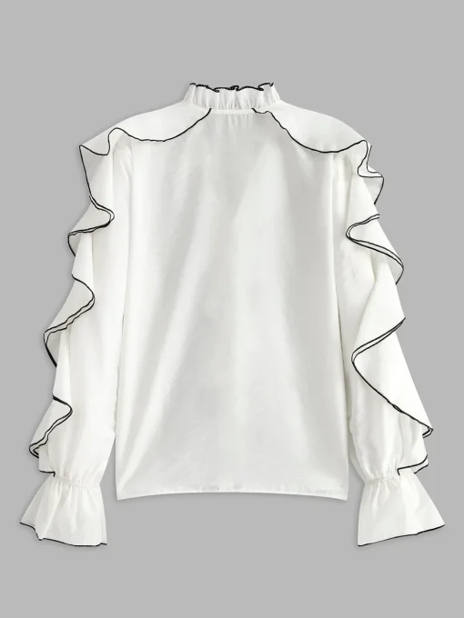 COMMENSE Tops^Contrast Binding Ruffle Thin Blouse White