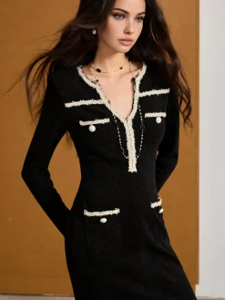 COMMENSE Dresses^Contrast Binding Tweed Slim Dress Black