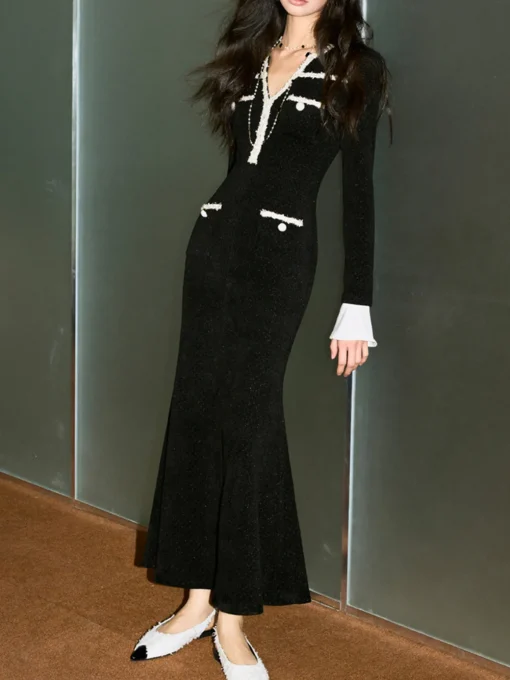 COMMENSE Dresses^Contrast Binding Tweed Slim Dress Black